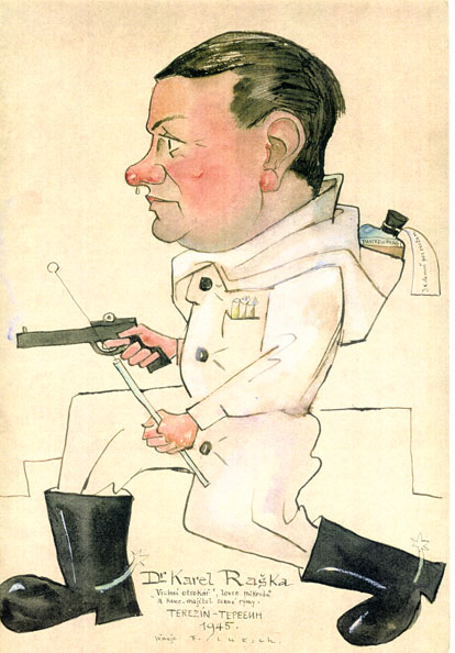 Na obrázku je karikatura mého otce ze série kreseb Františka Luksche Terezín se směje kterou mému otci věnoval  v upomínku na světlou stránku terezínského temnajpg
